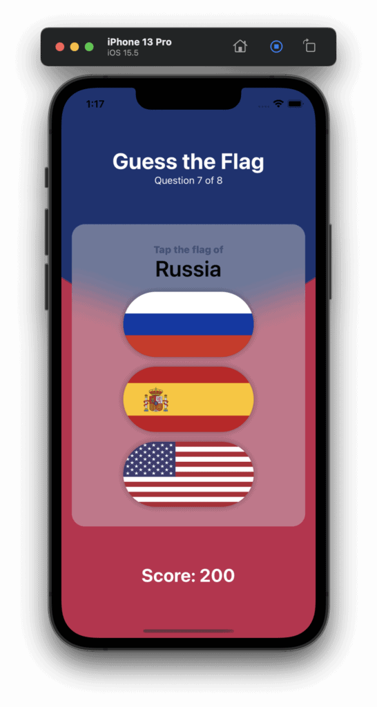 Demo of the Guess the Flag SwiftUI app showing at which question the user is right now.