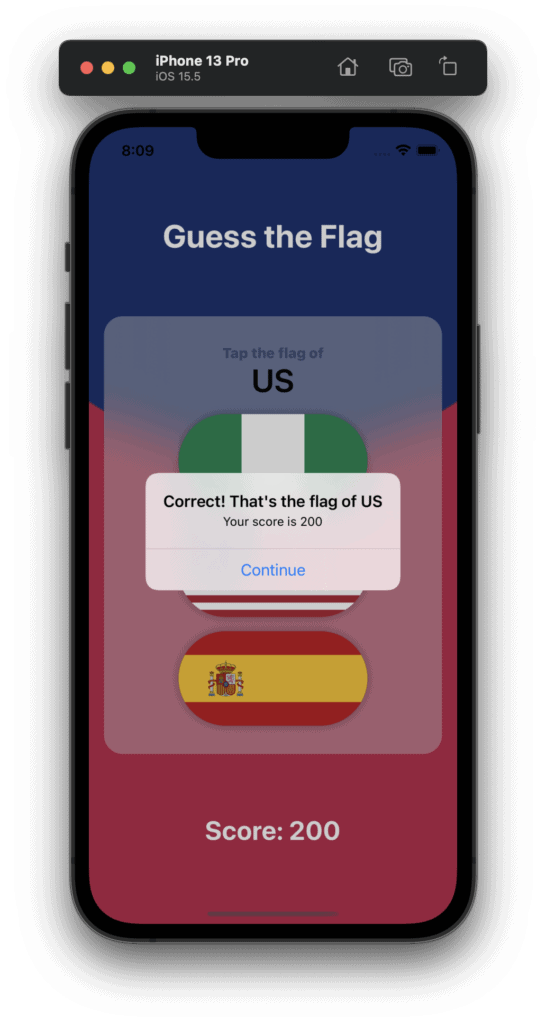 Demo of a correct answer in the Guess the Flag SwiftUI app.