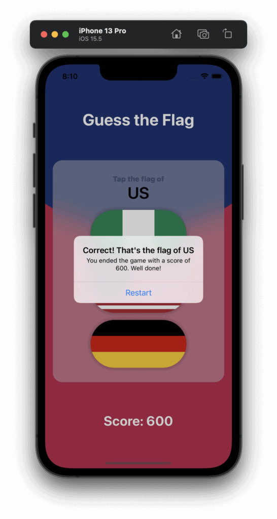 Demo of the final alert in the Guess the Flag SwiftUI app.